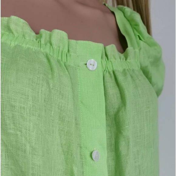 SLEEPER DRESS BRIGETTE GREEN LINEN BELT PUFF SLEEVES MIDI  SMALL - Picture 6 of 16